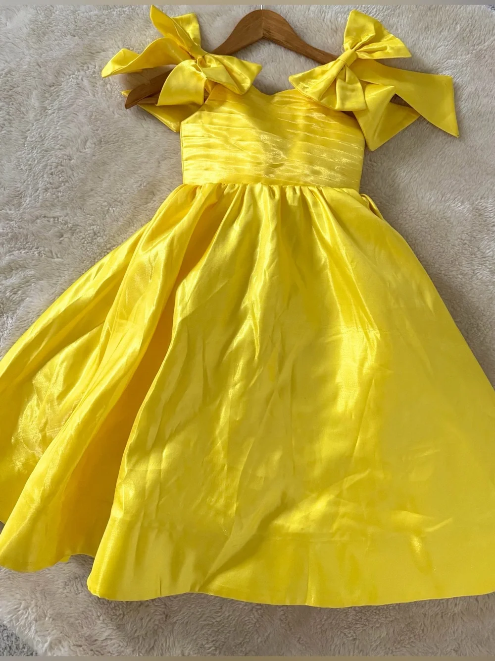 Yellow Bow-Shoulder Girls' Party Dress